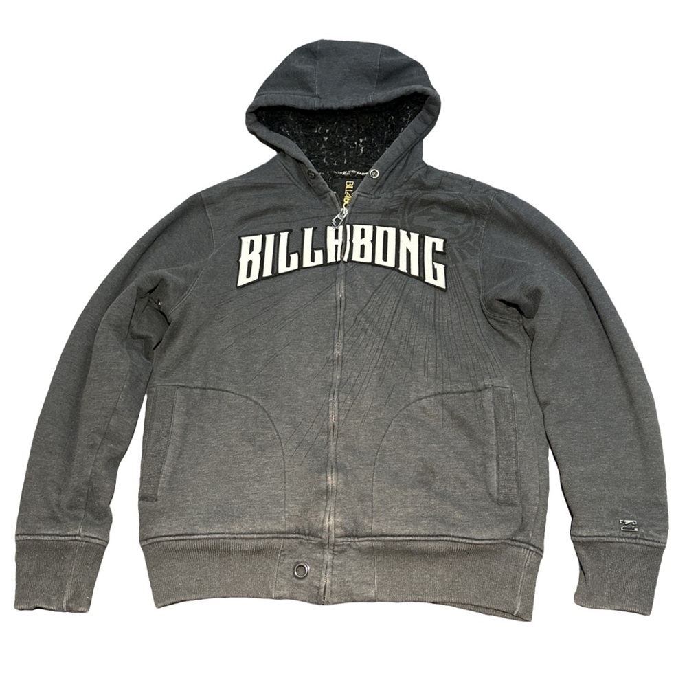 Y2K BILLABONG men's grey and black graphic thick layered jacket, size XL.